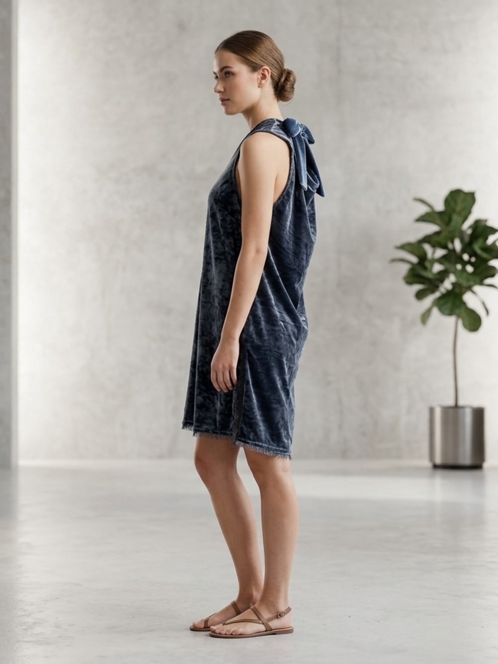 Sleeveless Tie-Shoulder Velvet Shift Dress in Washed Navy